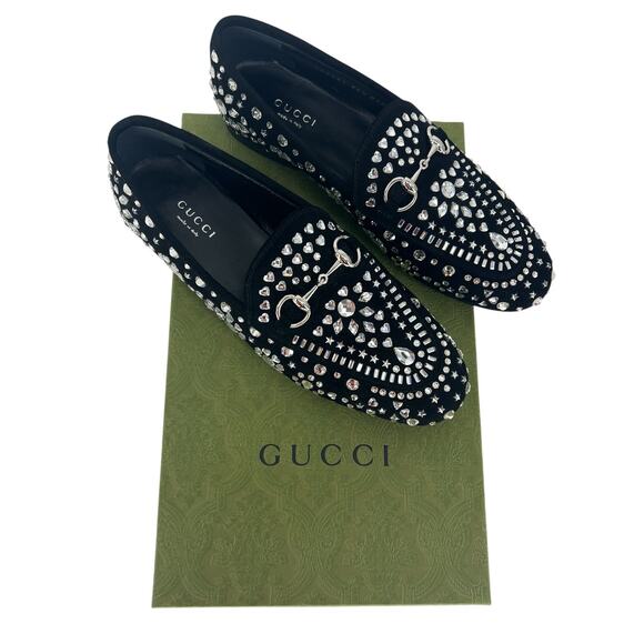 Gucci Jordaan Black Suede Loafers With Crystal Appliqué - Picture 4 of 16